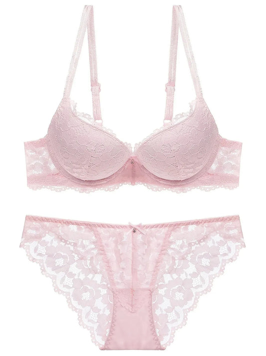 Elegant Lace Embroidery Breathable Fabric Lingerie Set Push-Up Bra Drop Waist Sheer Panty