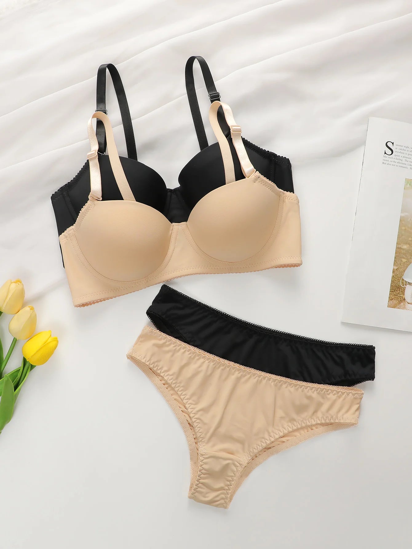 2sets Solid Underwire Lingerie Set Women Push Up Bra With Steel Ring
