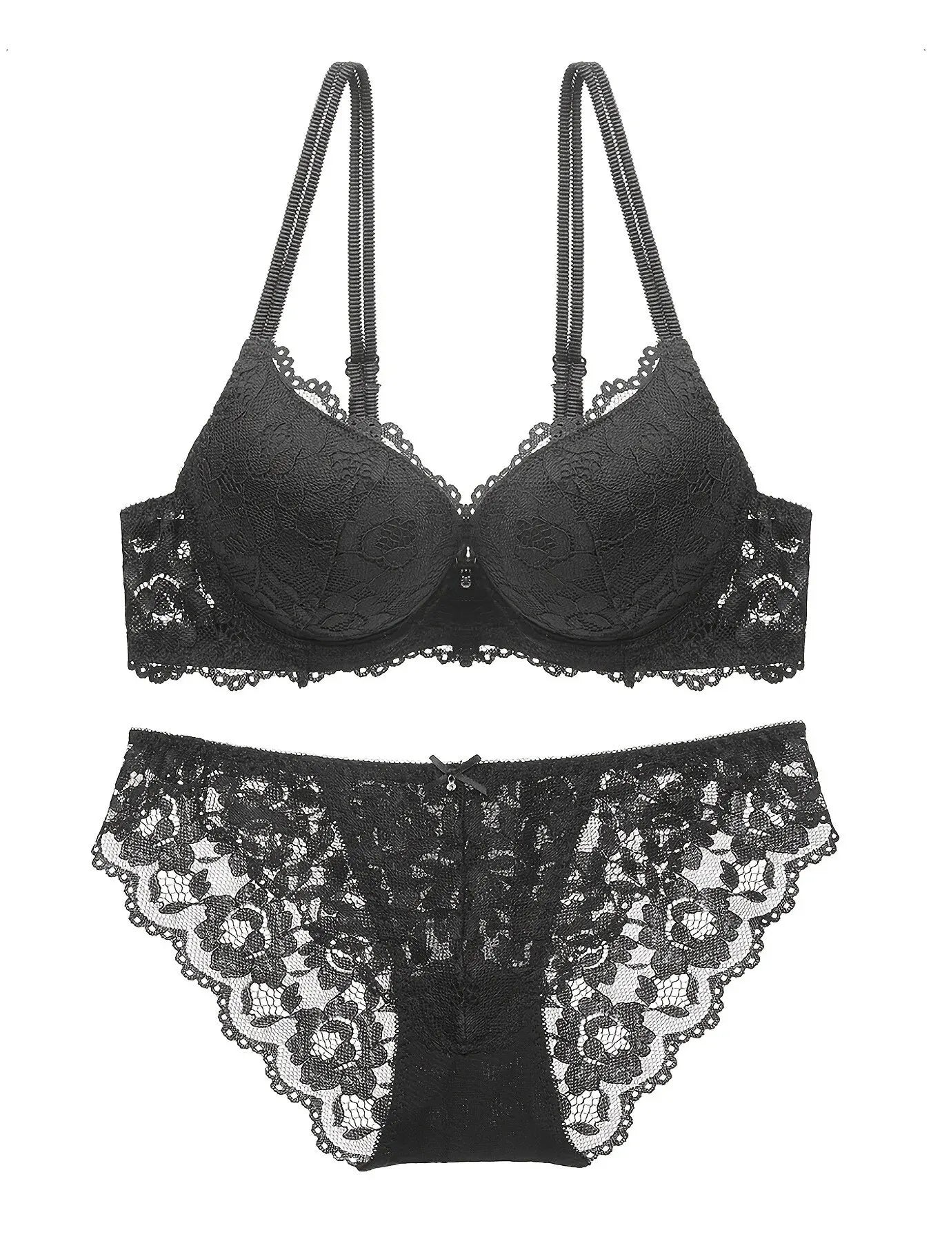 1 Set Elegant Lace Embroidery Breathable Fabric Lingerie Set Push-Up Bra Drop Waist Sheer Panty