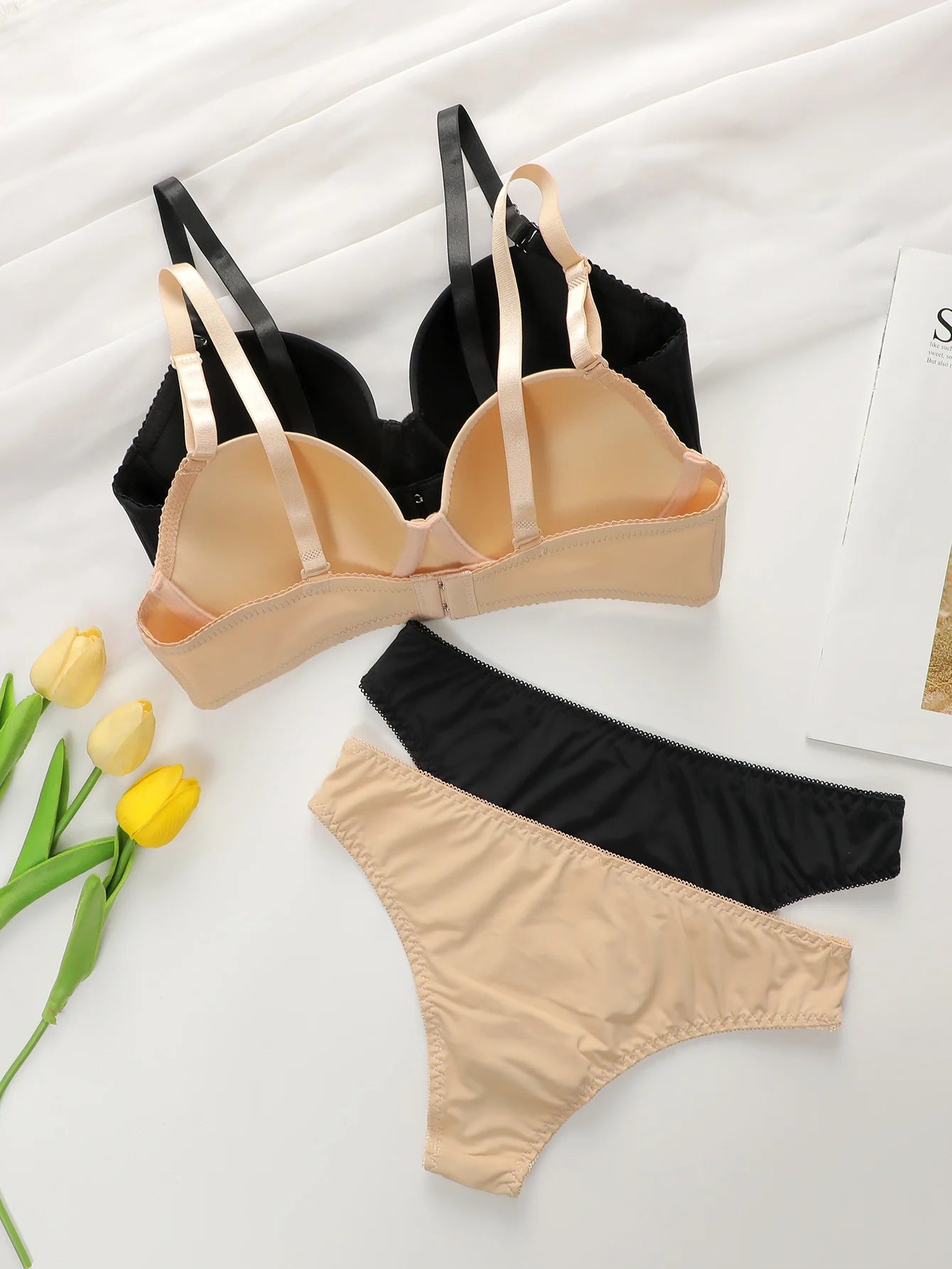 2sets Solid Underwire Lingerie Set Women Push Up Bra With Steel Ring