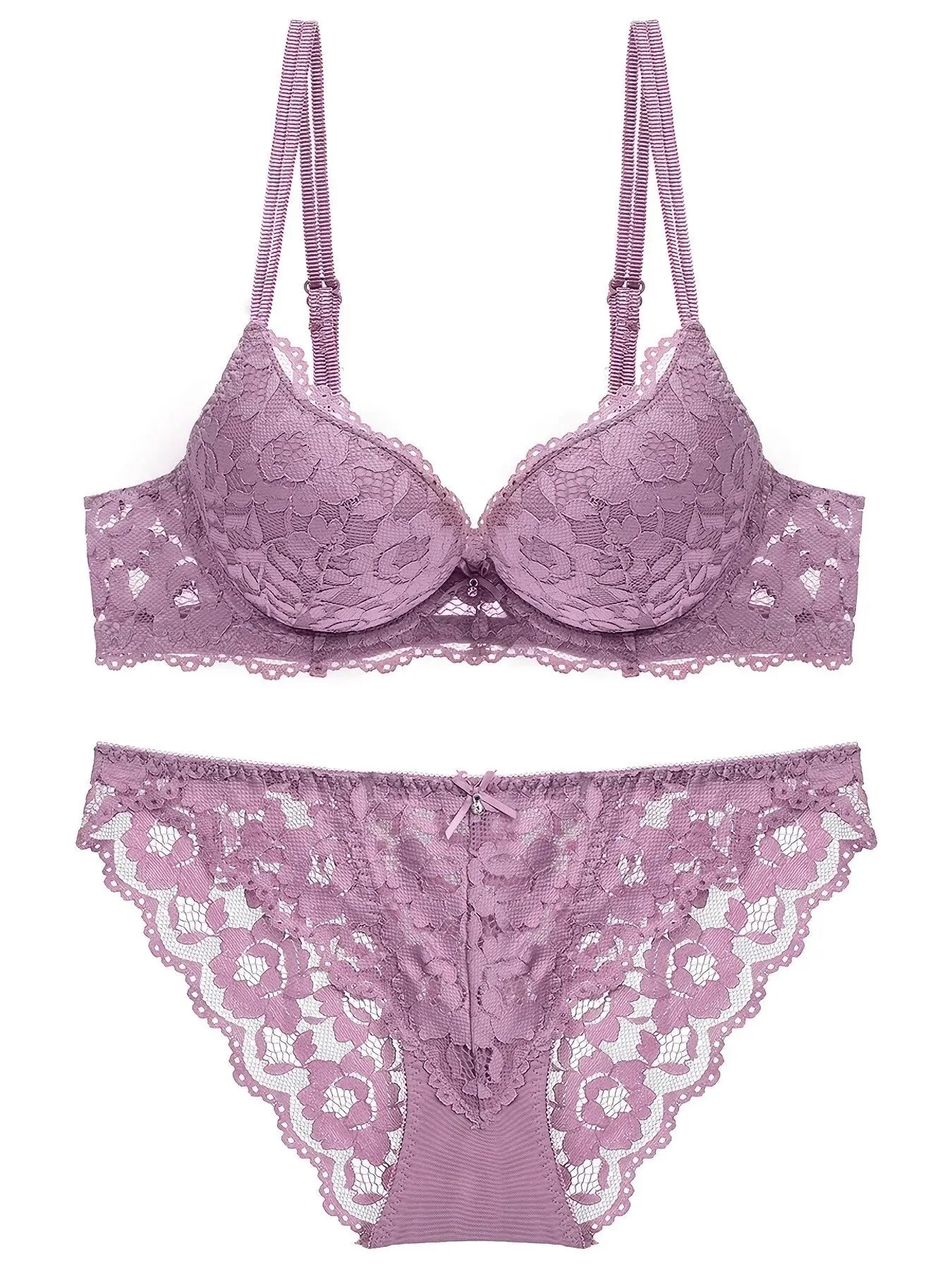 1 Set Elegant Lace Embroidery Breathable Fabric Lingerie Set Push-Up Bra Drop Waist Sheer Panty