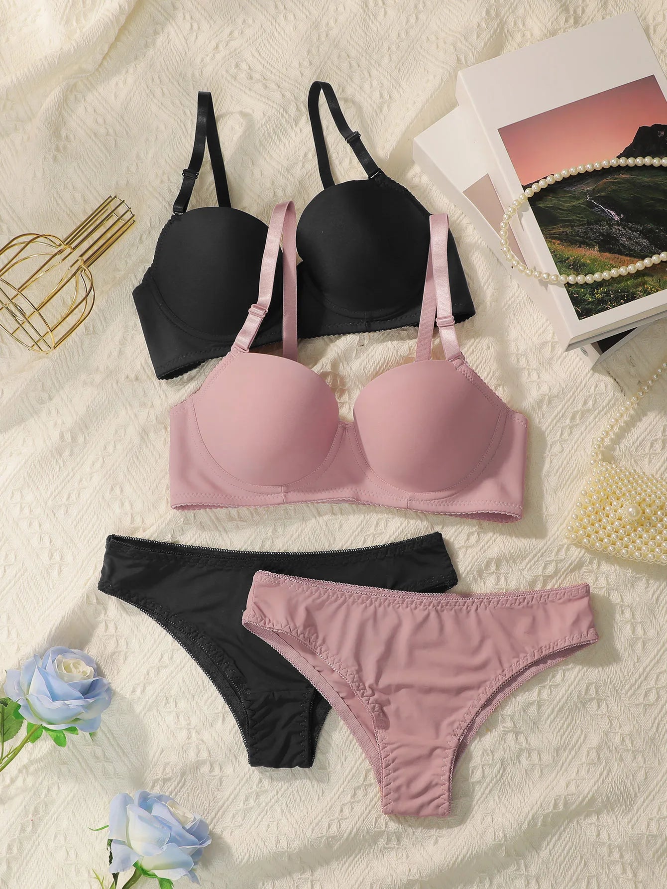 2sets Solid Underwire Lingerie Set Women Push Up Bra With Steel Ring