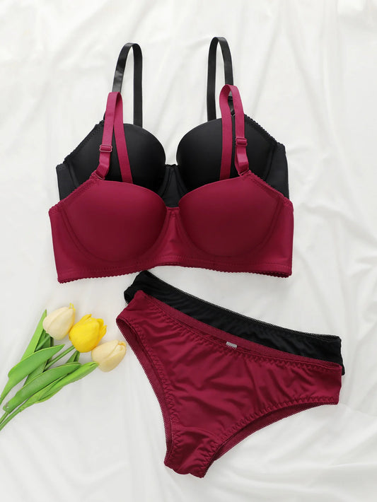 2sets Solid Underwire Lingerie Set Women Push Up Bra With Steel Ring