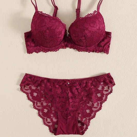 1 Set Elegant Lace Embroidery Breathable Fabric Lingerie Set Push-Up Bra Drop Waist Sheer Panty