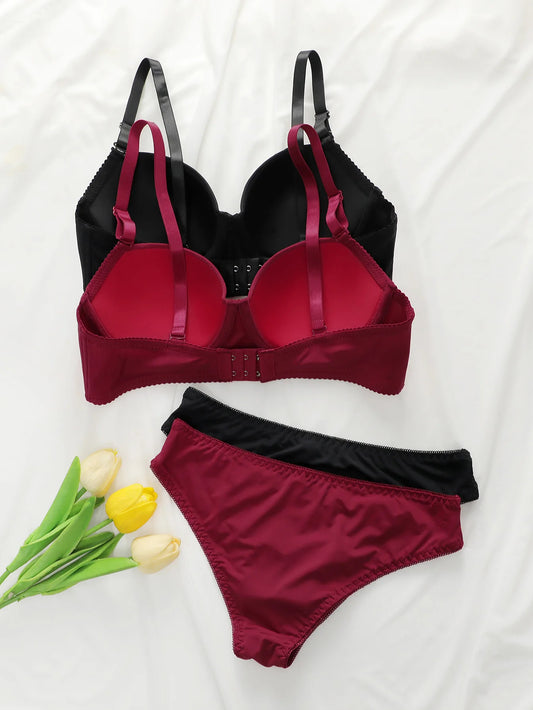 2sets Solid Underwire Lingerie Set Women Push Up Bra With Steel Ring